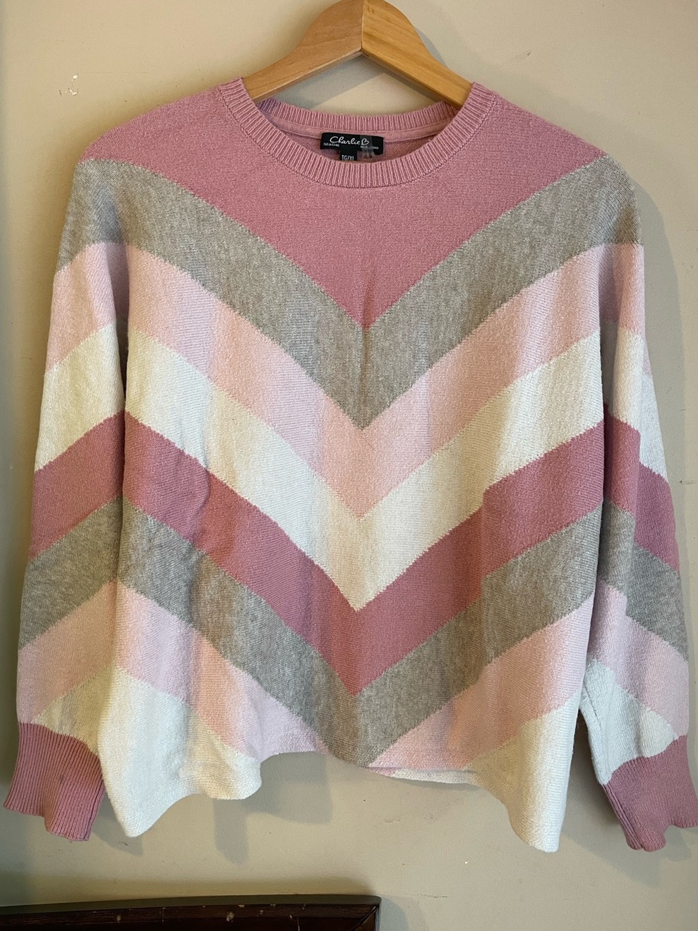 Charlie B Chevron Knit Sweater Dusty Pink Blush Cream Taupe Chevron Stripe TG/XL